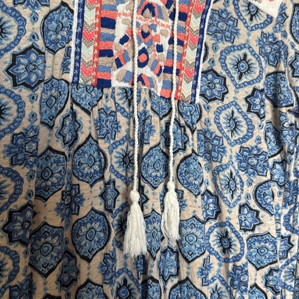 Lucky Brand 3/4 Sleeve Blouse Embroidered Boho Blue Tassle Tunic Women Large EUC - Picture 8 of 11